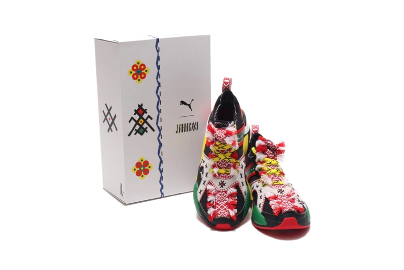 jahnkoy puma alteration rs x knit artist folk art white yellow green black red flower print collaboration clothing collection sneaker shoe footwear release date info buy drop