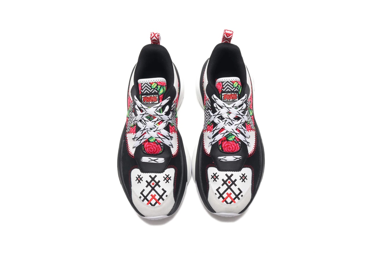 jahnkoy puma alteration rs x knit artist folk art white yellow green black red flower print collaboration clothing collection sneaker shoe footwear release date info buy drop