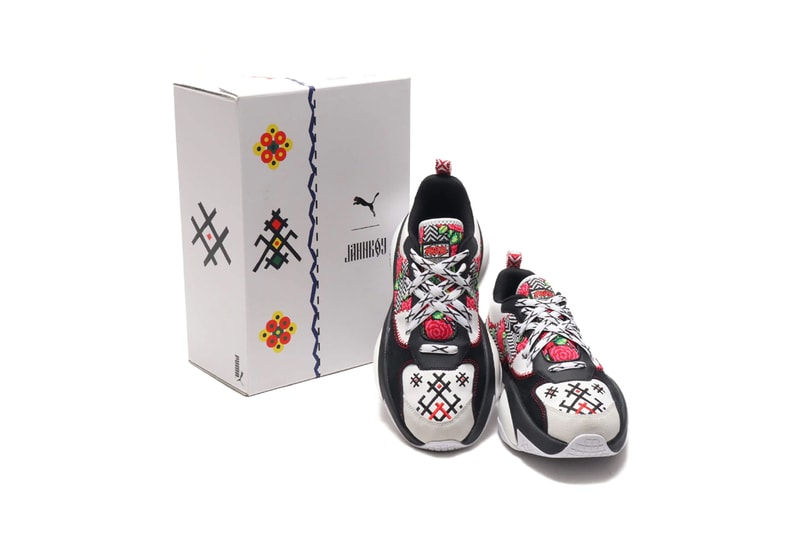 jahnkoy puma alteration rs x knit artist folk art white yellow green black red flower print collaboration clothing collection sneaker shoe footwear release date info buy drop