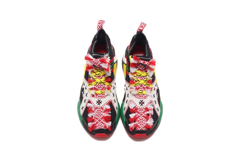 jahnkoy puma alteration rs x knit artist folk art white yellow green black red flower print collaboration clothing collection sneaker shoe footwear release date info buy drop