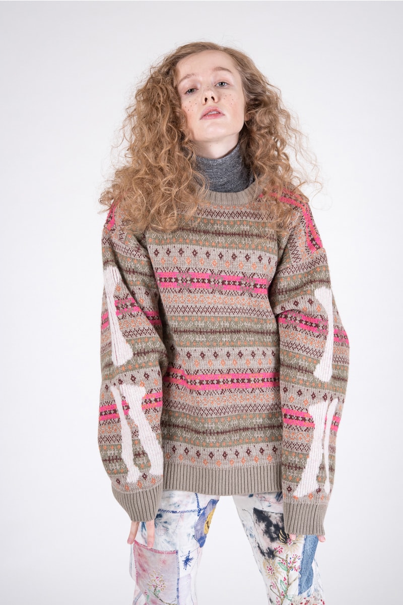 KAPITAL 7G Wool Fair Isle "Bone" Crew Sweater Vest Release Information October Fall Winter 2019 FW19 Spooky Season Skeleton Sweater Intarsia Knit Geometric Patterns