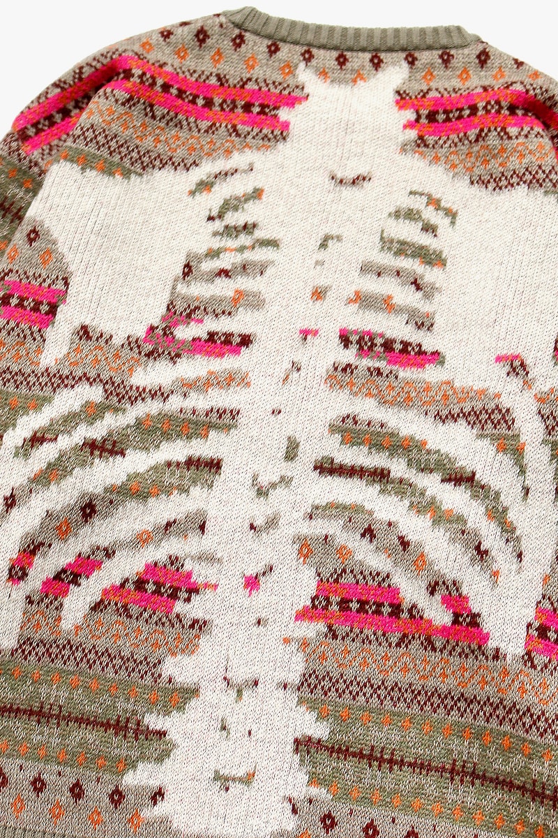 KAPITAL 7G Wool Fair Isle "Bone" Crew Sweater Vest Release Information October Fall Winter 2019 FW19 Spooky Season Skeleton Sweater Intarsia Knit Geometric Patterns