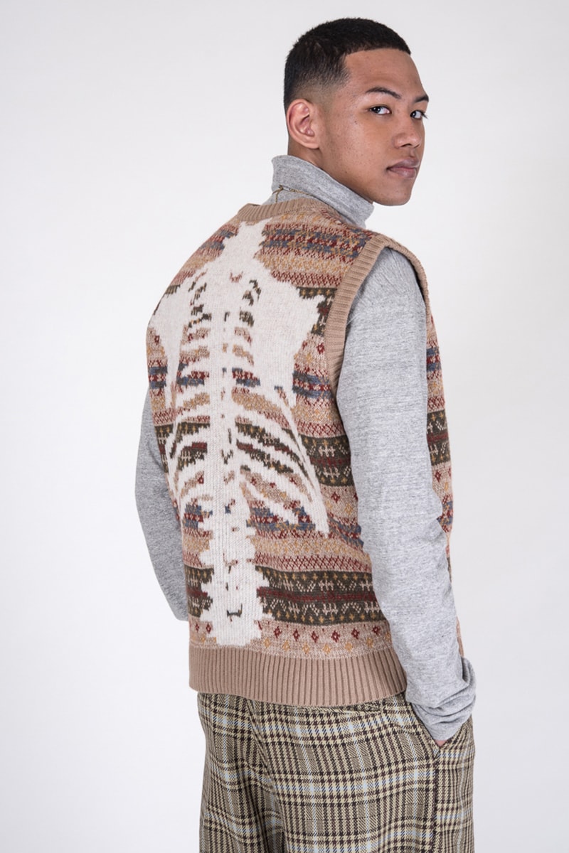 KAPITAL 7G Wool Fair Isle "Bone" Crew Sweater Vest Release Information October Fall Winter 2019 FW19 Spooky Season Skeleton Sweater Intarsia Knit Geometric Patterns