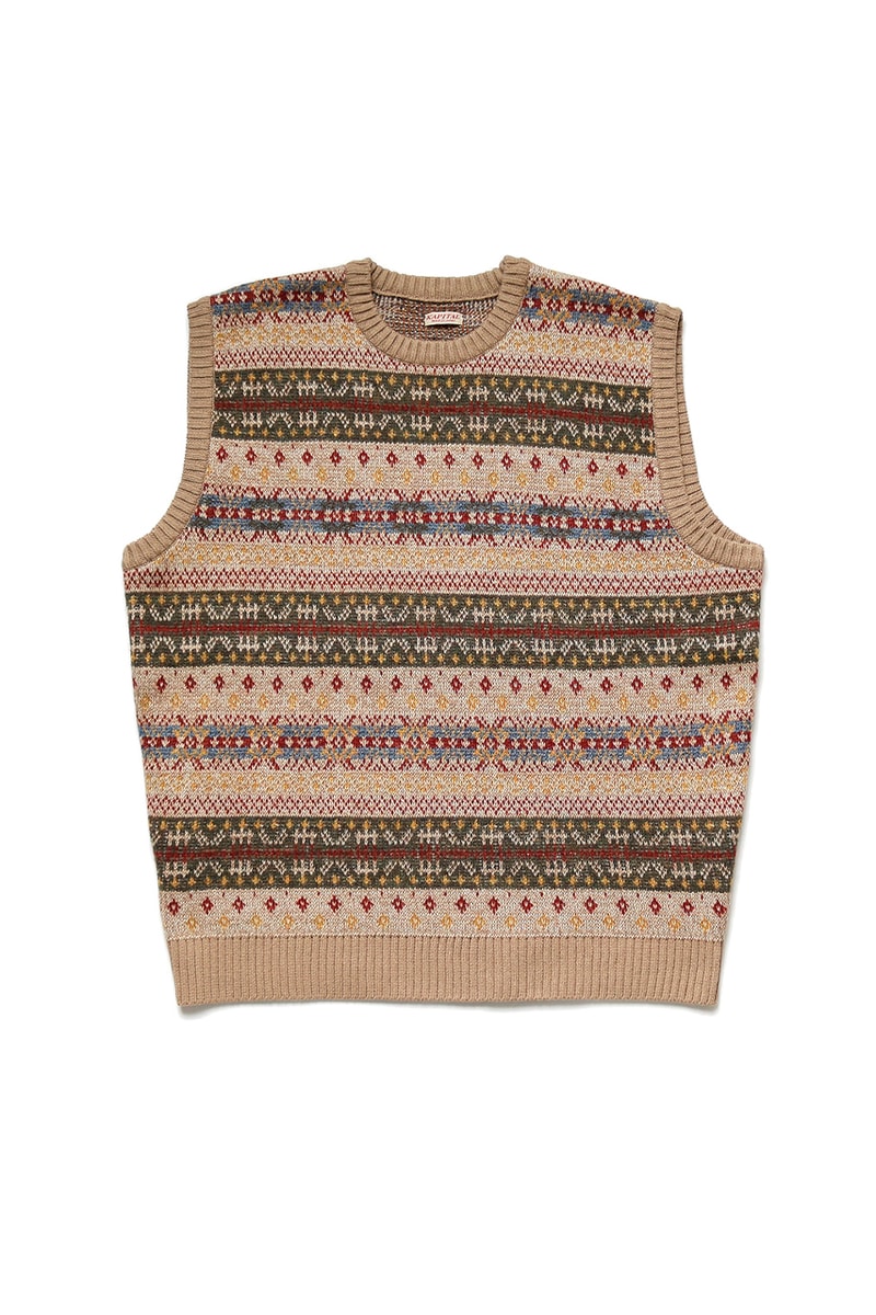 KAPITAL 7G Wool Fair Isle "Bone" Crew Sweater Vest Release Information October Fall Winter 2019 FW19 Spooky Season Skeleton Sweater Intarsia Knit Geometric Patterns