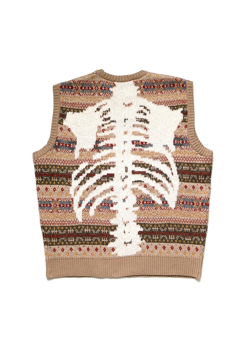 KAPITAL 7G Wool Fair Isle "Bone" Crew Sweater Vest Release Information October Fall Winter 2019 FW19 Spooky Season Skeleton Sweater Intarsia Knit Geometric Patterns