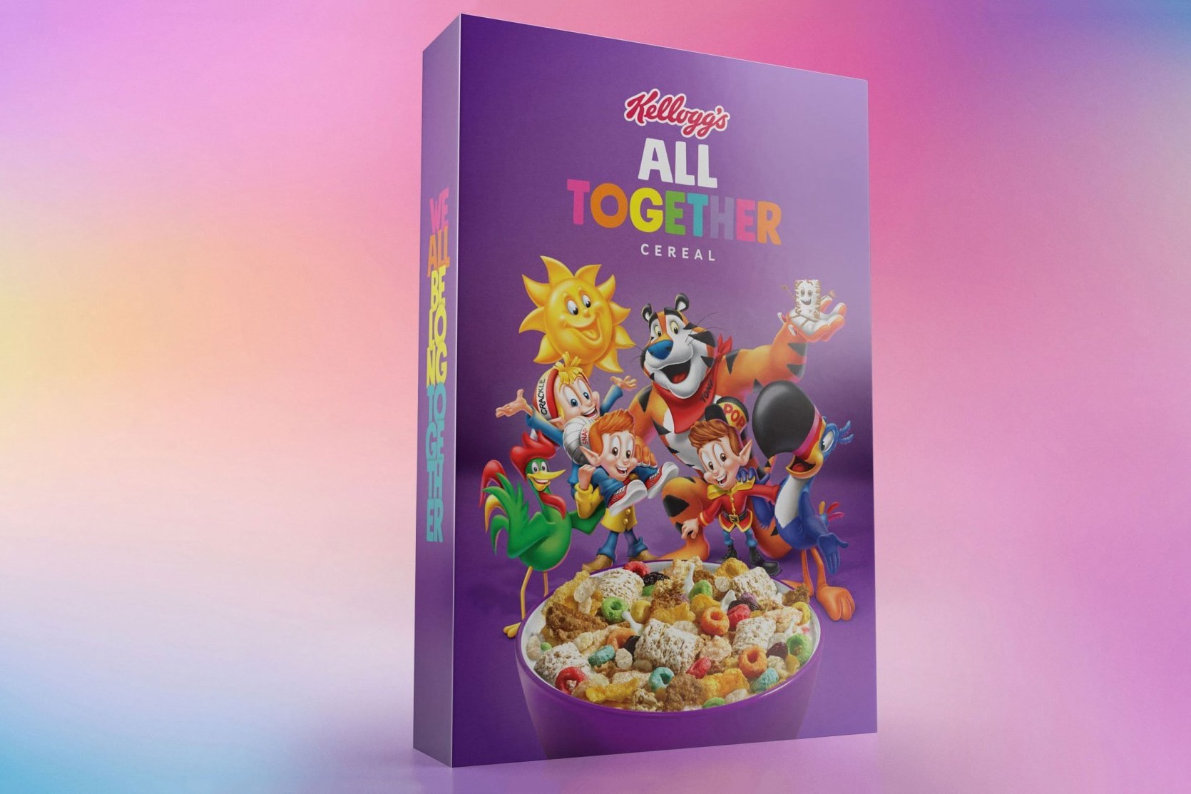 Kellogg's & GLAAD's Drop All Together Cereal anti-bullying campaign lgbtq lgbtq+ lgbtq plus Raisin Bran, Corn Flakes, Rice Krispies, Frosted Flakes, Froot Loops and Frosted Mini Wheats