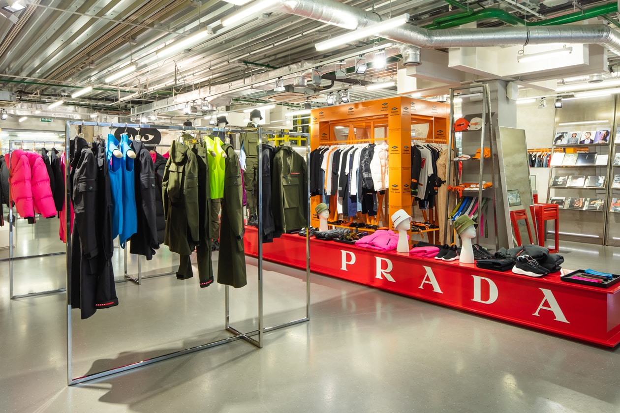 Prada Linea Rossa FW19 Collection Moscow KM20 Pop-Up Puffer Jackets Trousers Shoes Pink Blue Green Red Black Olga Karput Boulevard Depo