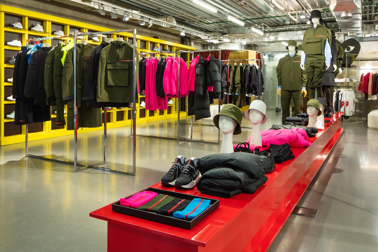 Prada Linea Rossa FW19 Collection Moscow KM20 Pop-Up Puffer Jackets Trousers Shoes Pink Blue Green Red Black Olga Karput Boulevard Depo