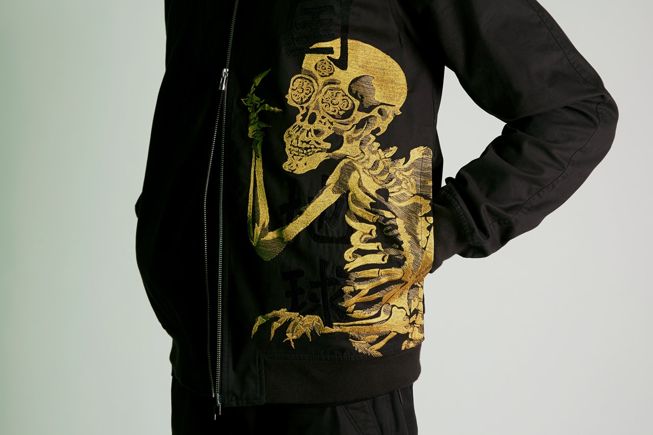 maharishi "Skeletal Truth" Capsule Collection Utagawa Kuniyoshi Skeleton Track Suits Jackets Pants M65 Utility Vests Black Golden Olive Green Brown White