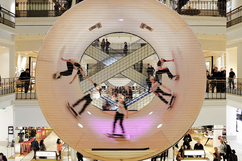 MANA & Scott Oster 'Le Cube' Skate Ramp Installation Le Bon Marché Department Store Paris Skateboarding Art Design Reflective Silver Cube Hollow Circle Full Pipe 360 Dezeen Awards Shortlisted Retail Interior