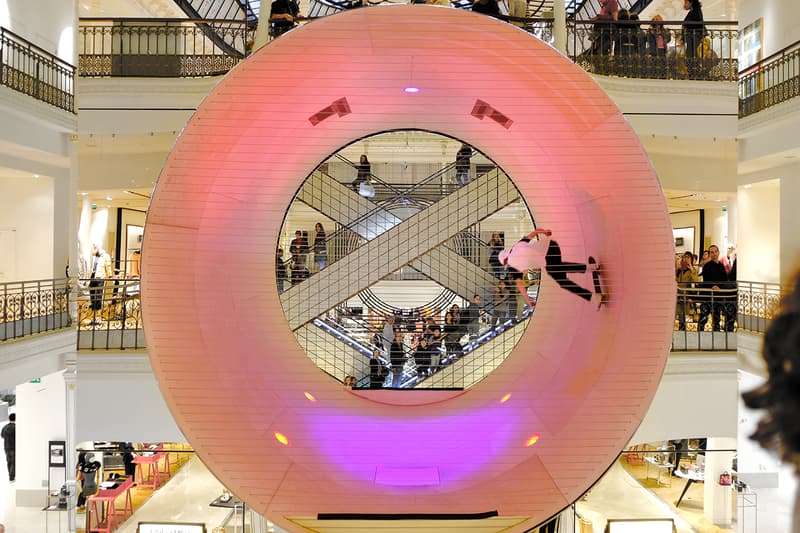 MANA & Scott Oster 'Le Cube' Skate Ramp Installation Le Bon Marché Department Store Paris Skateboarding Art Design Reflective Silver Cube Hollow Circle Full Pipe 360 Dezeen Awards Shortlisted Retail Interior
