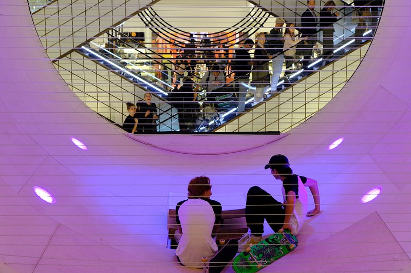 MANA & Scott Oster 'Le Cube' Skate Ramp Installation Le Bon Marché Department Store Paris Skateboarding Art Design Reflective Silver Cube Hollow Circle Full Pipe 360 Dezeen Awards Shortlisted Retail Interior