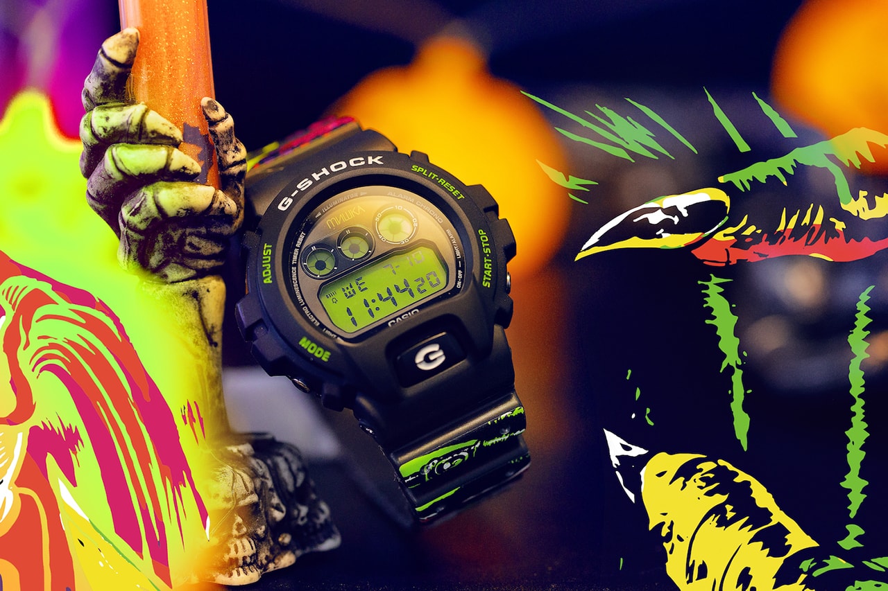 Mishka x Casio G-SHOCK DW-6900 Halloween Themed Watch Timepiece Collaboration Release Information First Look Black Green Glow in the Dark Graffiti Design Print