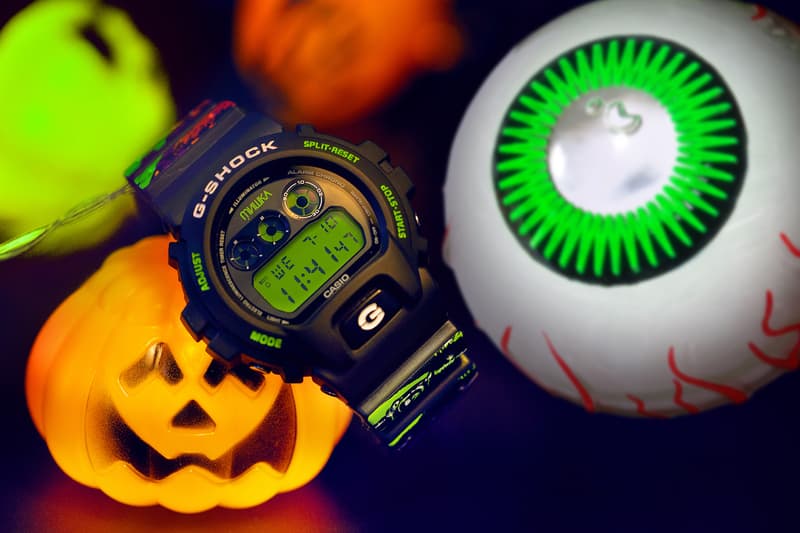 Mishka x Casio G-SHOCK DW-6900 Halloween Themed Watch Timepiece Collaboration Release Information First Look Black Green Glow in the Dark Graffiti Design Print