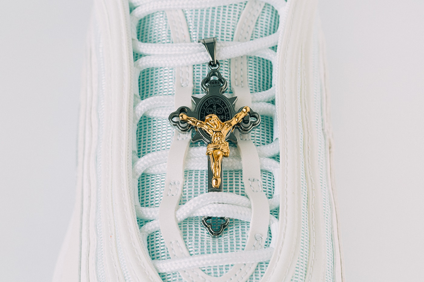 MSCHF x INRI Nike Air Max 97 "Jesus Shoes" Release Information Closer Look Walk on Water Biblical References Pope Crucifix Limited Edition How to Cop Buy Sneakers Footwear Customized Customs Rare