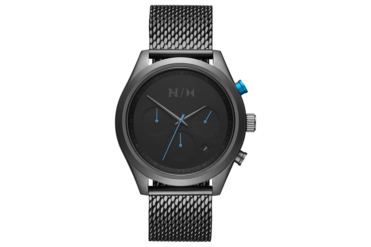 MVMT Nyjah Huston Signature Watch Collaboration The Run Down gunmetal steal pebbled asphalt leather interchangeable link mesh strap water resistant 40mm size chronography asphalt Nyjah's tattoos symbols