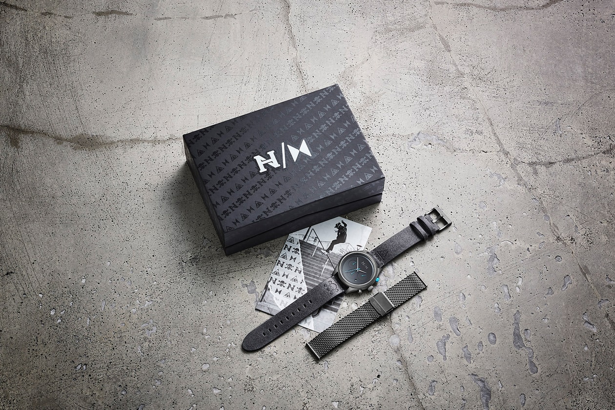 MVMT Nyjah Huston Signature Watch Collaboration The Run Down gunmetal steal pebbled asphalt leather interchangeable link mesh strap water resistant 40mm size chronography asphalt Nyjah's tattoos symbols