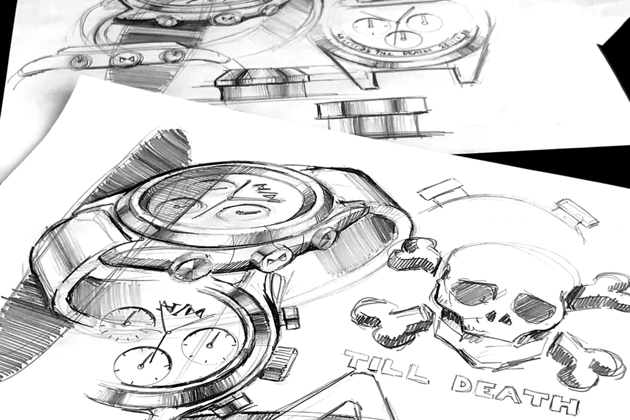 MVMT Nyjah Huston Signature Watch Collaboration The Run Down gunmetal steal pebbled asphalt leather interchangeable link mesh strap water resistant 40mm size chronography asphalt Nyjah's tattoos symbols