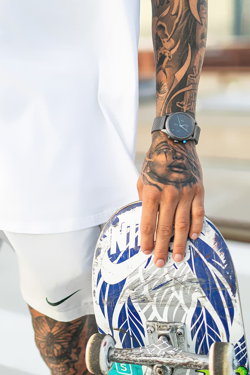 MVMT Nyjah Huston Signature Watch Collaboration The Run Down gunmetal steal pebbled asphalt leather interchangeable link mesh strap water resistant 40mm size chronography asphalt Nyjah's tattoos symbols