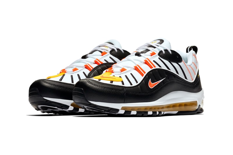 nike air max 98 Black White Chrome Yellow Bright Crimson style 640744 016 orange colorway release halloween candy corn inspired sneakers 