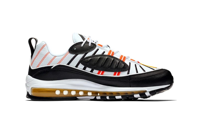 nike air max 98 Black White Chrome Yellow Bright Crimson style 640744 016 orange colorway release halloween candy corn inspired sneakers 