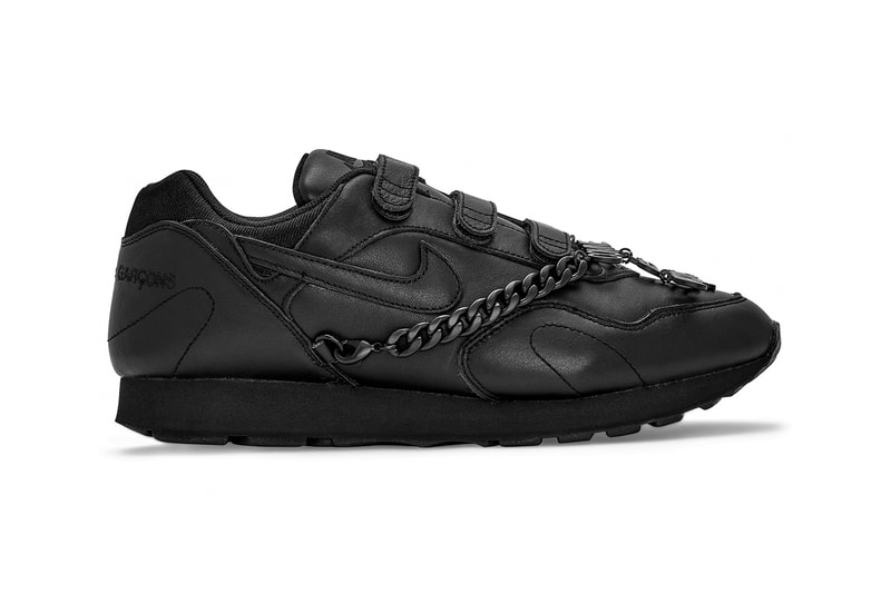 nike comme des garcons rei kawakubo dover street market london outburst black detachable chain buy cop purchase order triple black dunk low shox tl velcro