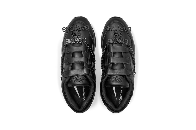 nike comme des garcons rei kawakubo dover street market london outburst black detachable chain buy cop purchase order triple black dunk low shox tl velcro