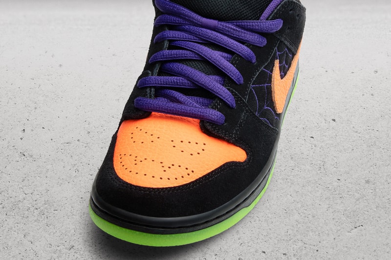 nike sb dunk low night of mischief halloween black orange green purple spider web witch pumpkin jack olantern trick or treat glow in the dark sole
