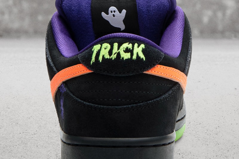 nike sb dunk low night of mischief halloween black orange green purple spider web witch pumpkin jack olantern trick or treat glow in the dark sole