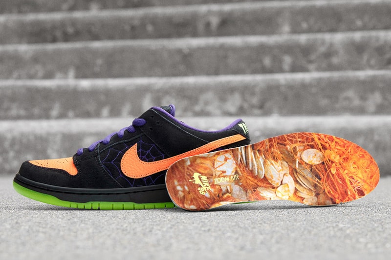 nike sb dunk low night of mischief halloween black orange green purple spider web witch pumpkin jack olantern trick or treat glow in the dark sole