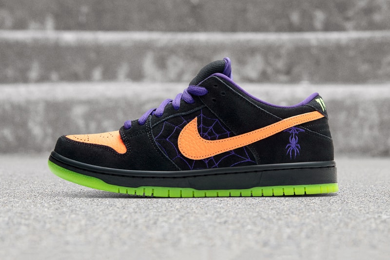 nike sb dunk low night of mischief halloween black orange green purple spider web witch pumpkin jack olantern trick or treat glow in the dark sole