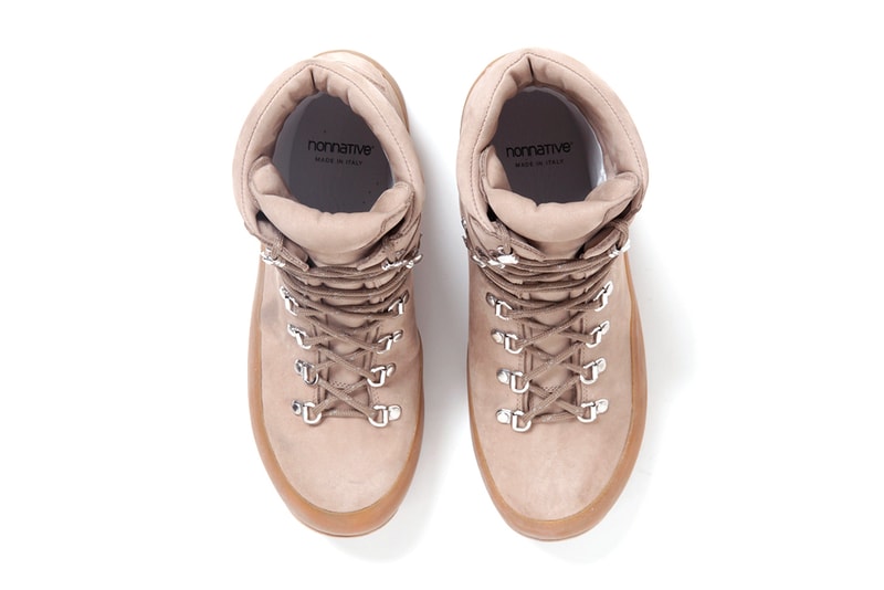 nonnative Fall Winter 2019 Footwear Collection alpinist cow leather boots beige black suede mountaineering trek trail shoes footwear climber vibram sole nubuck