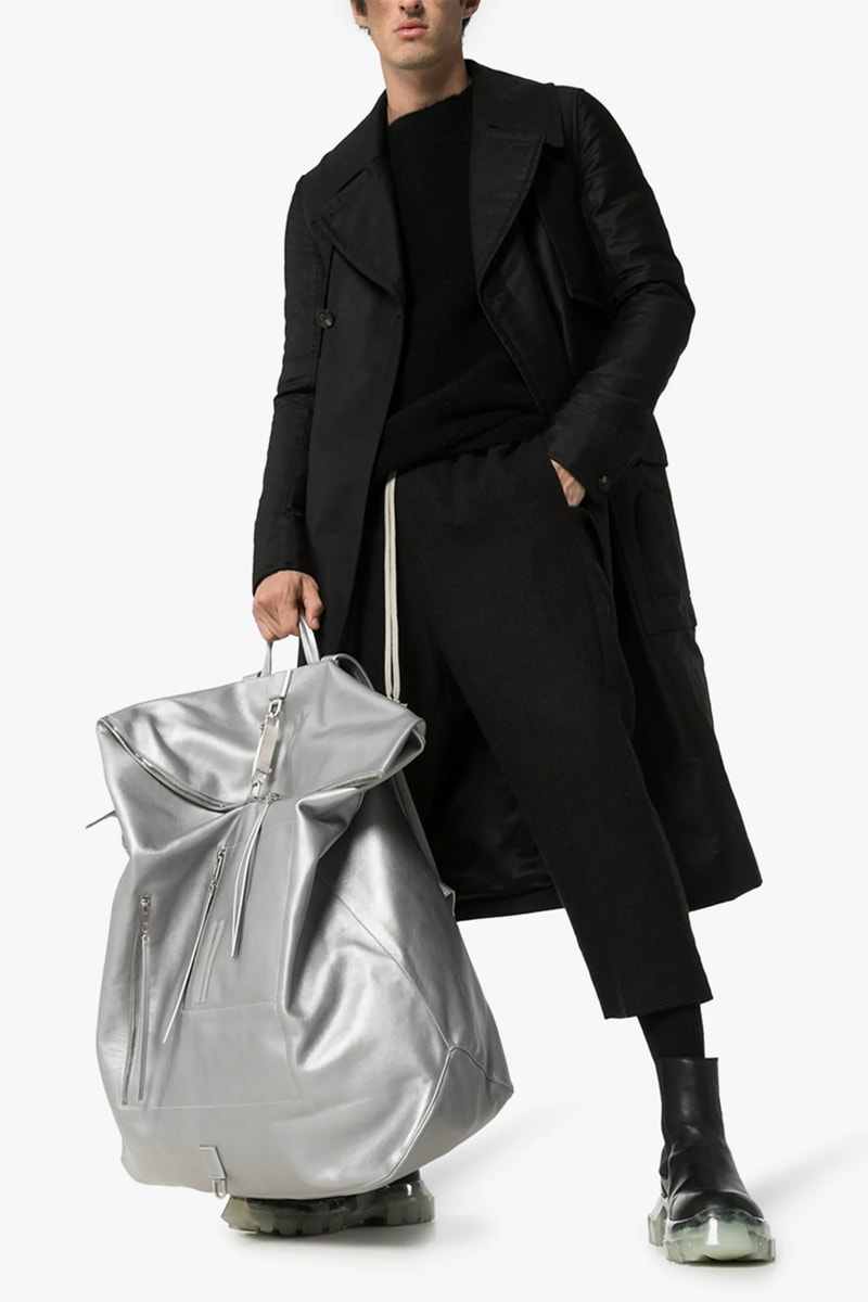 rick owens Silver Oversized Leather Duffle Backpack bookbag metallic release leather duffle fall winter 2019 cotton lining top handle adjustable shoulder straps top zip fastening