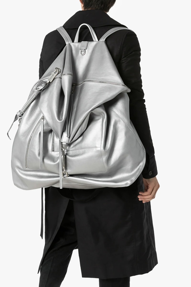 rick owens Silver Oversized Leather Duffle Backpack bookbag metallic release leather duffle fall winter 2019 cotton lining top handle adjustable shoulder straps top zip fastening