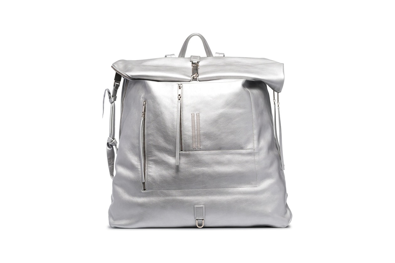 rick owens Silver Oversized Leather Duffle Backpack bookbag metallic release leather duffle fall winter 2019 cotton lining top handle adjustable shoulder straps top zip fastening