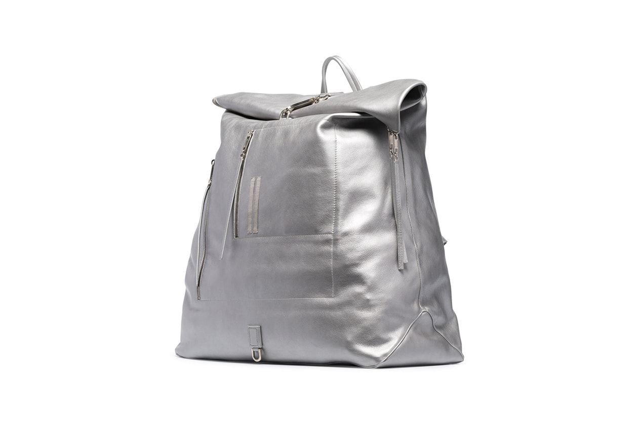 rick owens Silver Oversized Leather Duffle Backpack bookbag metallic release leather duffle fall winter 2019 cotton lining top handle adjustable shoulder straps top zip fastening