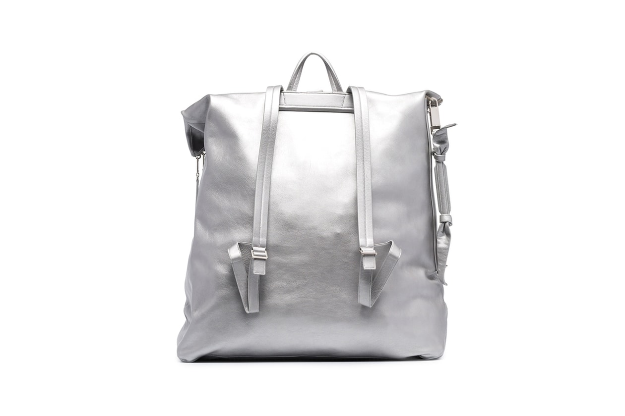 rick owens Silver Oversized Leather Duffle Backpack bookbag metallic release leather duffle fall winter 2019 cotton lining top handle adjustable shoulder straps top zip fastening