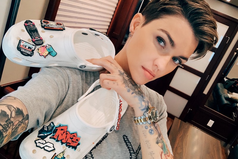 Ruby Rose x Crocs Classic Clog Release limited edition batwoman all white distressed look spray paint cans Jibbitz™ charms