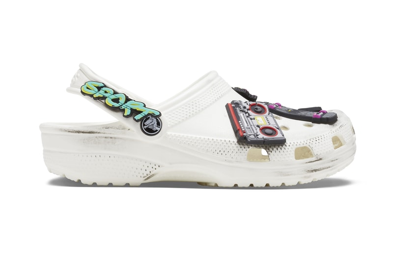 Ruby Rose x Crocs Classic Clog Release limited edition batwoman all white distressed look spray paint cans Jibbitz™ charms