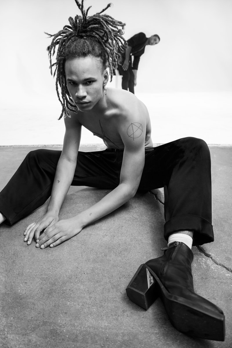shaun ross united nude high heeled heels ankle calf boot unisex collaboration collection fall winter 2019 rem d koolhass designer napa leather black white colorway roman sipe stylist inclusion inclusive fashion mens womens boots shoes