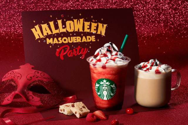 Starbucks Japan Halloween-Themed Beverages Halloween Red Night Frappuccino Halloween Masquerade Raspberry Mocha Dark Night Frappuccino Winged Cup Stands