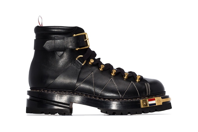 Thom Browne Black Calfskin Leather Hiking Boot Fall Winter 2019 FW19 Footwear Boots Chunky Sole Unit Winter-Ready Luxury Pebbled Brass Hardware Detailing Designer Browns Menswear Grosgrain Loop Tap Exposed Stitching Utilitarian Luxe Sartorial 