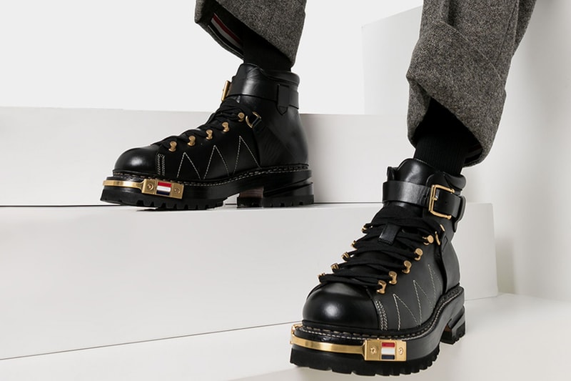 Thom Browne Black Calfskin Leather Hiking Boot Fall Winter 2019 FW19 Footwear Boots Chunky Sole Unit Winter-Ready Luxury Pebbled Brass Hardware Detailing Designer Browns Menswear Grosgrain Loop Tap Exposed Stitching Utilitarian Luxe Sartorial 