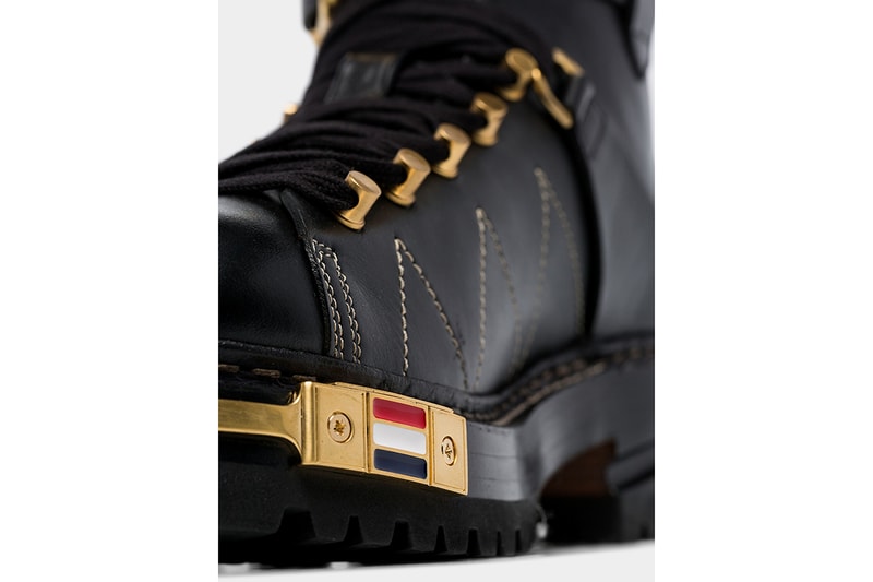 Thom Browne Black Calfskin Leather Hiking Boot Fall Winter 2019 FW19 Footwear Boots Chunky Sole Unit Winter-Ready Luxury Pebbled Brass Hardware Detailing Designer Browns Menswear Grosgrain Loop Tap Exposed Stitching Utilitarian Luxe Sartorial 