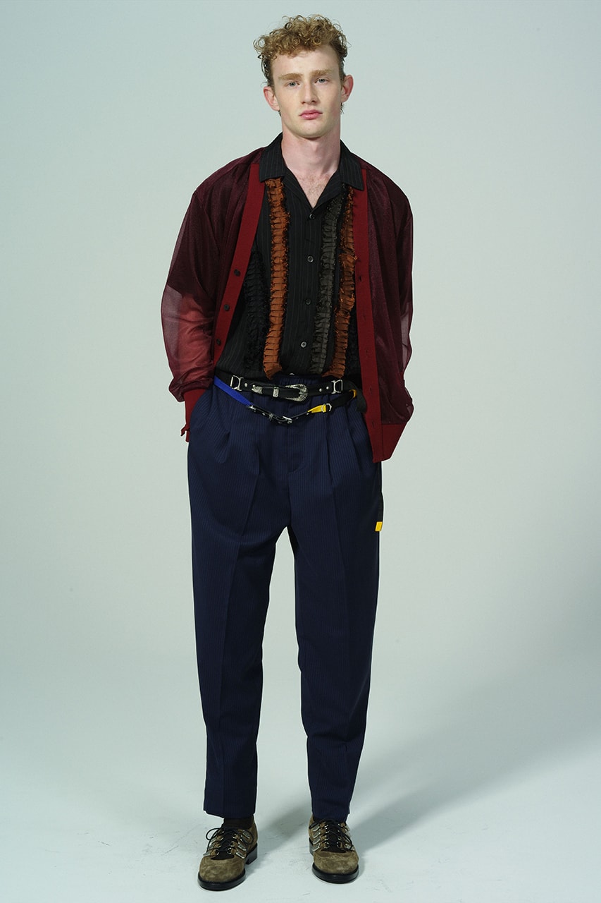 Toga Virilis Spring/Summer 2020 Lookbook Collection Yasuko Furuta Menswear 1950s '50s Inspired Romantic Colors Frills Collars Double Breasted Zazous Suits Blouson Blouse Polo Shirts Rugby Prints Sheer Fabrics