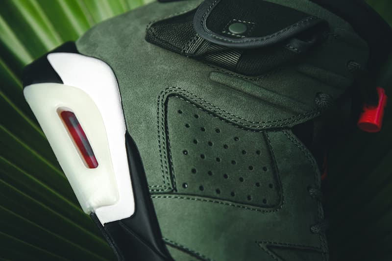 travis scott air jordan brand 6 cactus jack closer look buy cop purchase raffle olive green red infrared branding white black translucent midsole glow in the dark hbx dover street market la flame