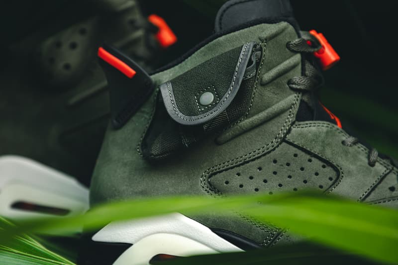 travis scott air jordan brand 6 cactus jack closer look buy cop purchase raffle olive green red infrared branding white black translucent midsole glow in the dark hbx dover street market la flame
