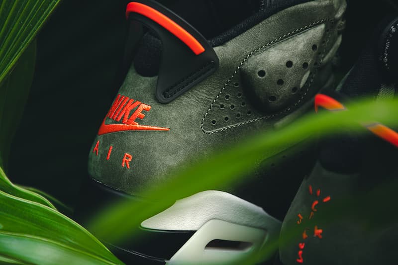 travis scott air jordan brand 6 cactus jack closer look buy cop purchase raffle olive green red infrared branding white black translucent midsole glow in the dark hbx dover street market la flame