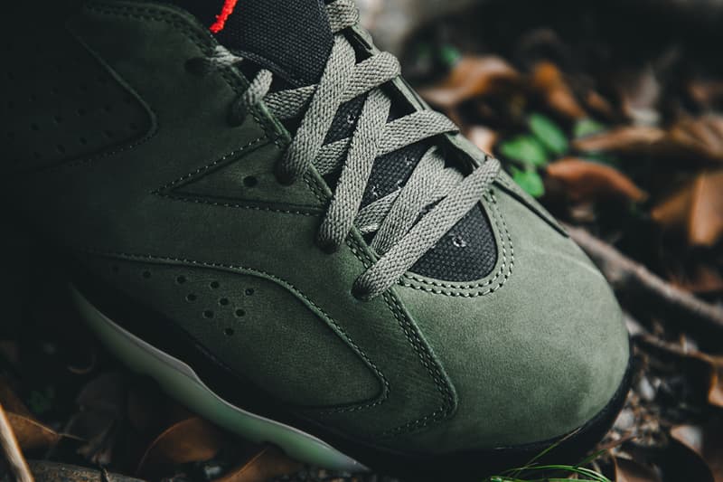 travis scott air jordan brand 6 cactus jack closer look buy cop purchase raffle olive green red infrared branding white black translucent midsole glow in the dark hbx dover street market la flame