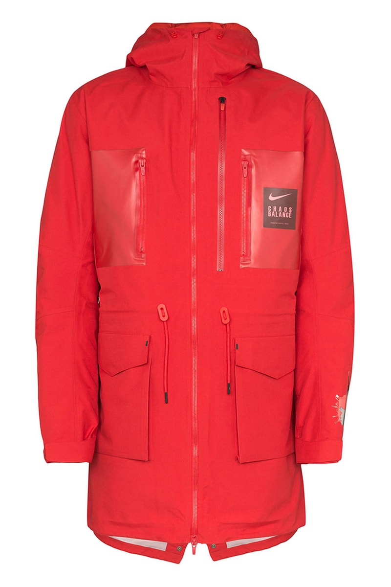 UNDERCOVER x Nike Red Fishtail Logo Print Parka Down Filled Jun Takahashi "Chaos Balance" Swoosh Bright Red Water Resistant Fall Winter 2019 FW19 Outerwear Coats 